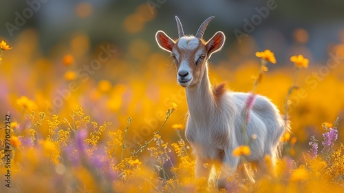  A goat posed in a vibrant meadow, surrounded by yellow and purple wildflowers The backdrop subtly blurred, merging hues of purple and yellow
