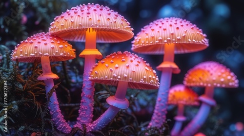  A cluster of radiant mushrooms atop a verdant forest, bathed in purple and orange lights