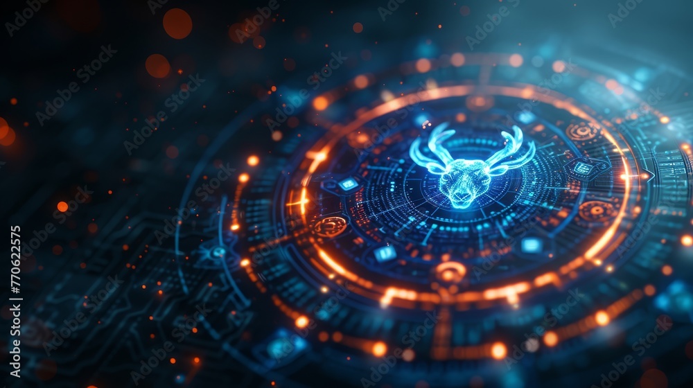 Deer head in black background, circled by blue and orange lights Deer head in black background, circled by blue and orange lights