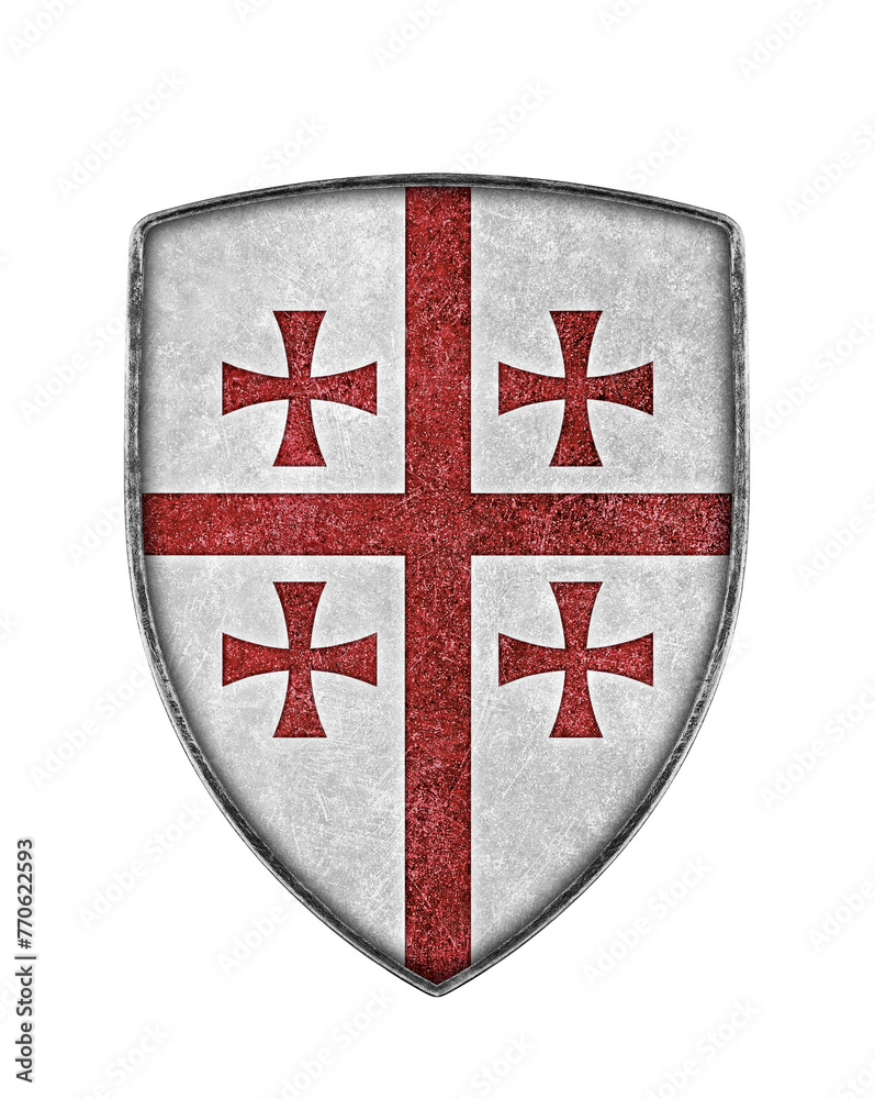Old metal crusaders shield with red cross isolated on white background - obrazy, fototapety, plakaty 