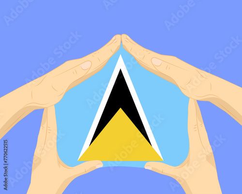 Hand home with Saint Lucia flag, residential or investment idea, housing and home concept