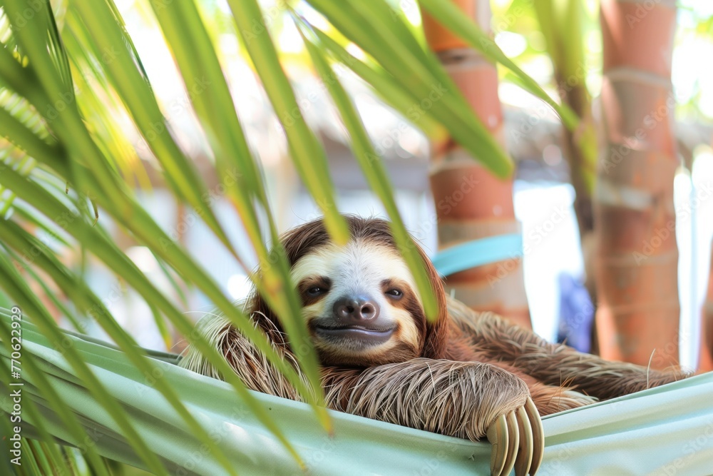 Fototapeta premium sloth with eyes closed in a fabric hammock among palm trees