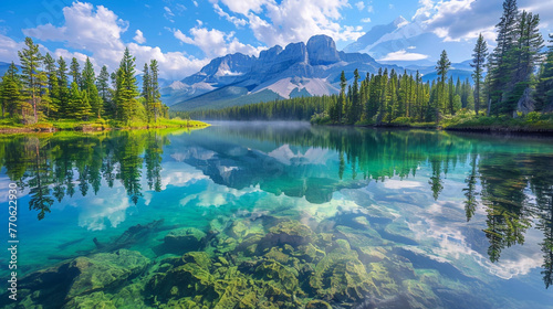 The crisp, crystal-clear waters of the Bow River create an almost surreal mirror image of the towering Rocky Mountains. 32K. © Haris