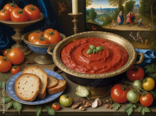 Ketchup and tomato healthy food theme, classic Renaissance still life style. AI generation.