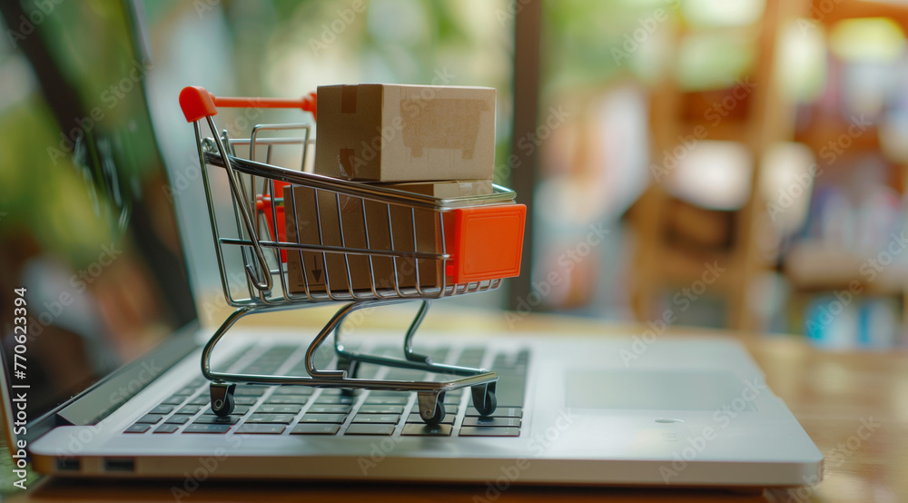 Online e-commerce concept with shopping cart full of boxes on top of laptop computer bokeh background