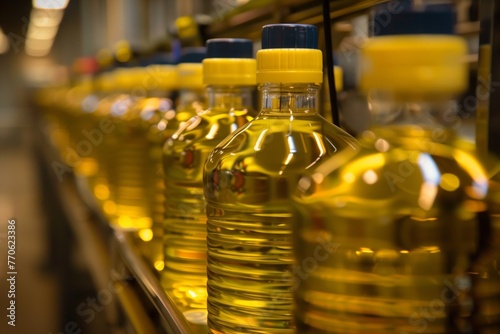 closeup of soybean oil bottling line in factory photo