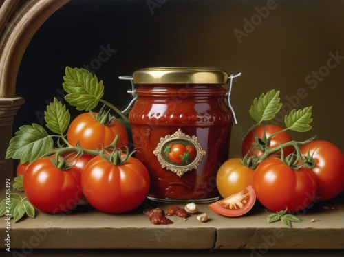 Ketchup and tomato healthy food theme, classic Renaissance still life style. AI generation.