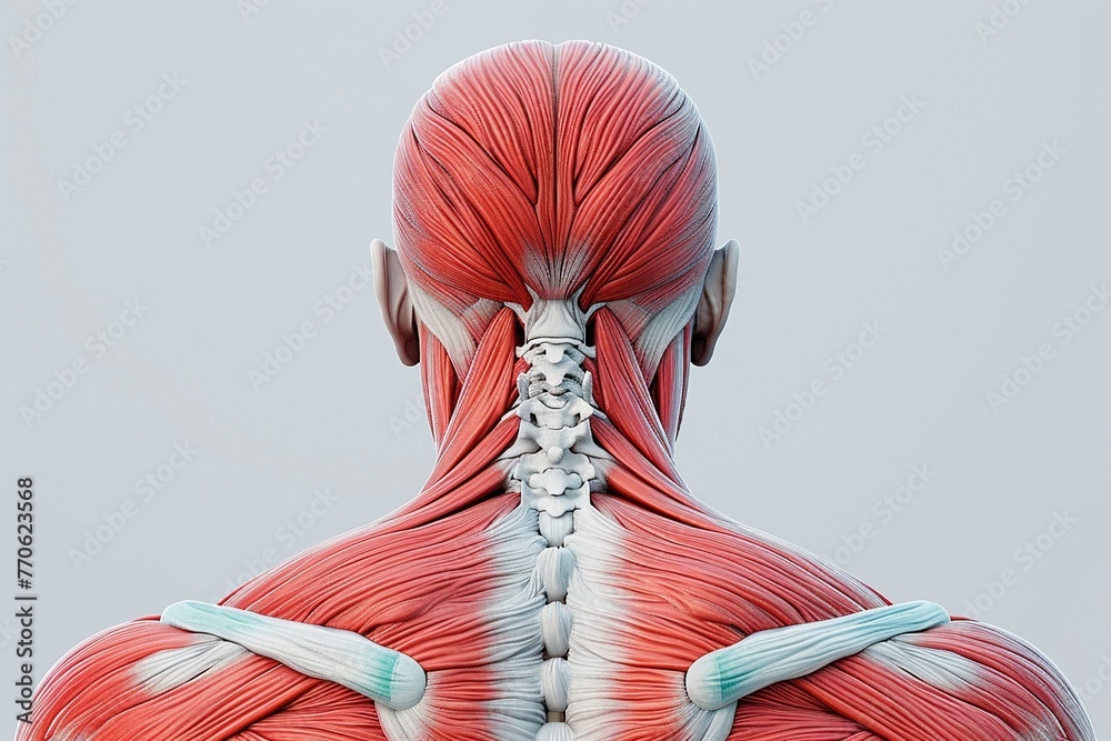 Create a 3D model showcasing tension in the trapezius muscle, highlighting common areas of