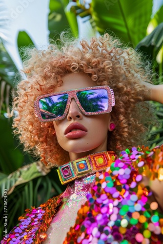 A curly-haired woman with vibrant sequin jacket poses among tropical leaves, showcasing a jubilant and colorful style