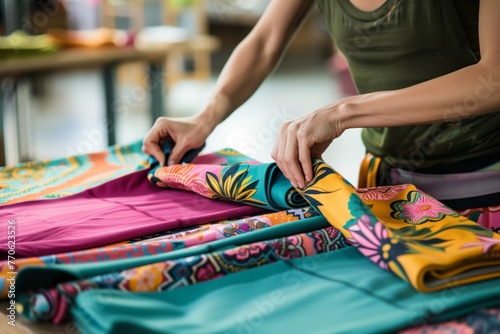 employee folding colorful yoga pants on a table