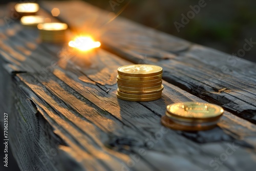 brightly lit coin stacks on weathered wooden bench