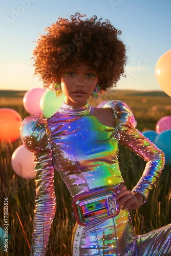 Curly-haired woman showcases her fashion sense with a glittering bodycon dress and inflatable waist pack against a balloon backdrop at dusk © Glittering Humanity