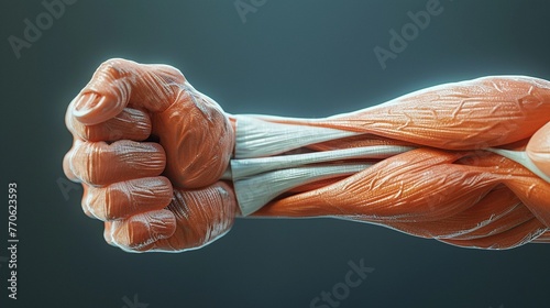 Create a 3D render of the biceps brachii muscle highlighting its insertion and origin points photo
