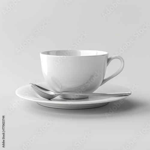 A pristine white ceramic tea cup with a saucer and a teaspoon resting on the saucer on a grey background - AI Generated Digital Art