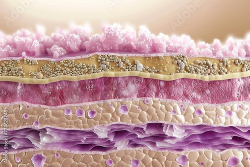 Detailed cross-section of human skin structure, 3D illustration with focus on texture and layers from epidermis to subcutaneous tissue, high quality and clarity photo