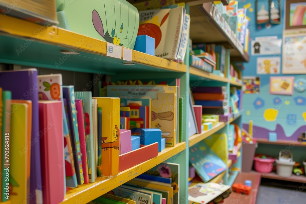 Obraz premium shelves lined with colorful childrens books and toy blocks