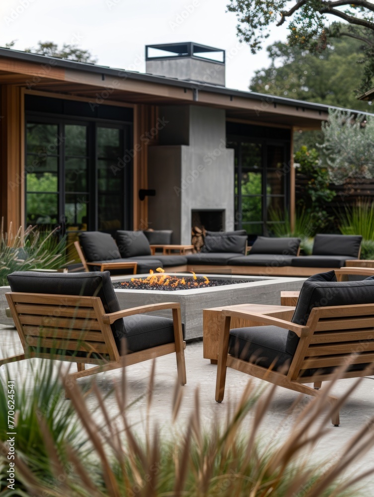 Paloma teak chairs with black sofas around modern concrete outdoor fire pit, beautiful minimalist zen garden patio next to modern house with large windows, natural lemongrass, landscape architecture 