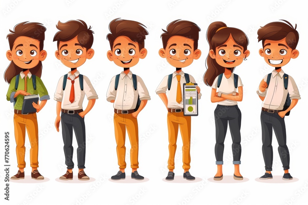 Ten cartoon business associates, each with a distinct posture holding data, positioned against a white setting Ten cartoon business associates, each with a distinct posture holding data, positioned against a white setting