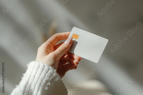 Female hand holding credit card mockup. Generative AI
