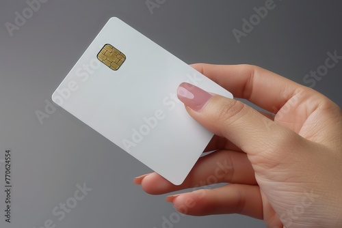Female hand holding credit card mockup. Generative AI