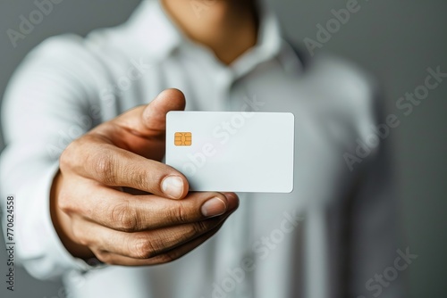 Man holding credit card mockup indoors. Generative AI