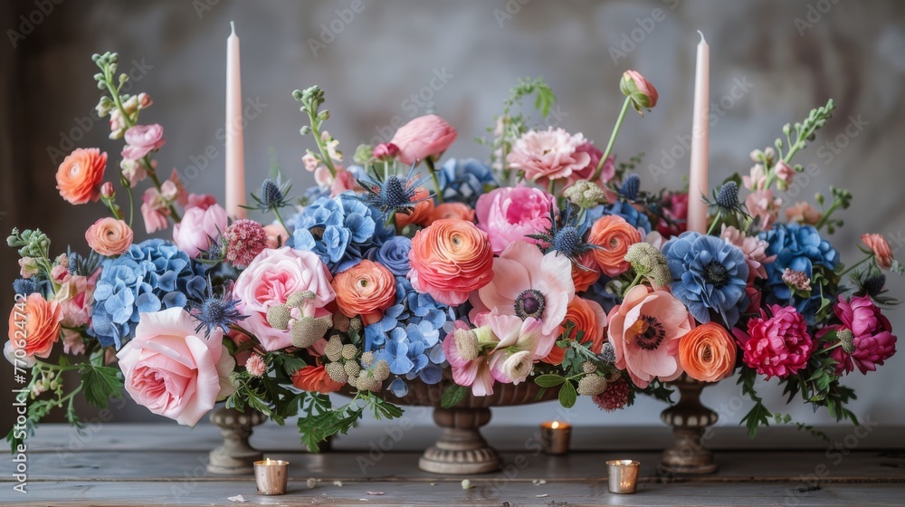 Served wedding table with decorative fresh pink, blue flowers and candles. Celebration details. Wedding decoration and decor, floristic concept  - obrazy, fototapety, plakaty 