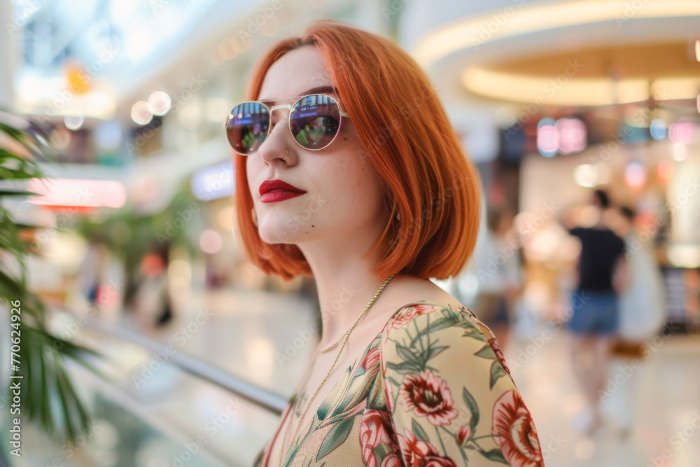 Portrait of a beautiful red-haired girl in a shopping center.
Portrait of a beautiful red-haired girl in a shopping center.