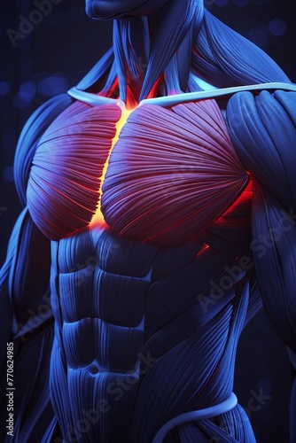 Pectoralis Minor - Develop a 3D model showcasing the pectoralis minor, illustrating its location beneath the pectoralis major and its role in scapular depression and protraction