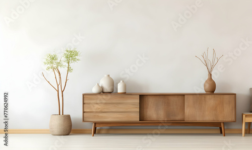 Interior of modern living room with wooden commode and plants. Mock up wall. 3D render photo