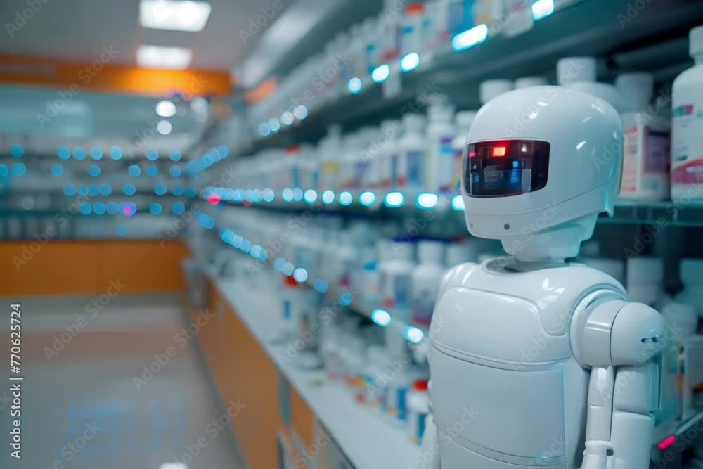 Pharmacy robot dispensing medication in a hospital setting, emphasizing the efficiency and accuracy of automated systems in medication management Pharmacy robot dispensing medication in a hospital setting, emphasizing the efficiency and accuracy of automated systems in medication management
