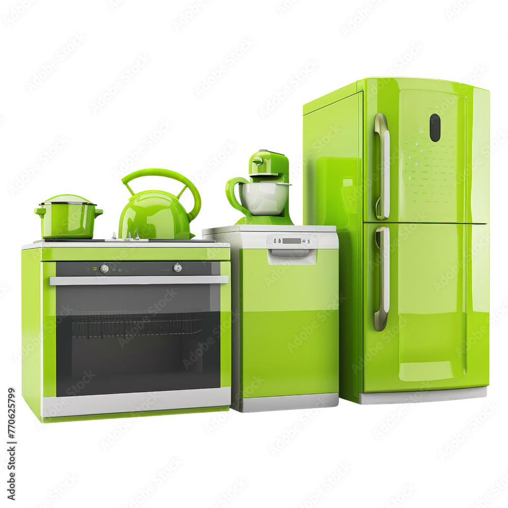 Green kitchen ware isolated on transparent background, cut out, png, refrigerator, oven, dishwasher - obrazy, fototapety, plakaty 