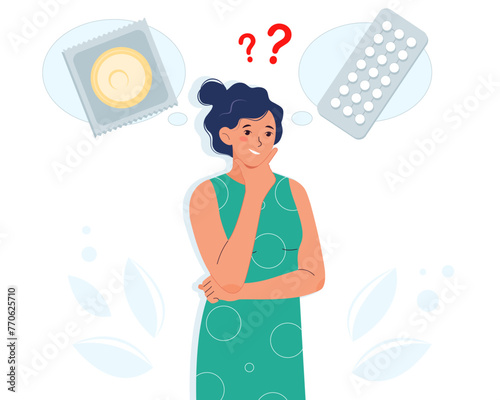 Choosing contraception. Control pills or condom. Young woman choosing means of contraception. Concept of birth control. 
