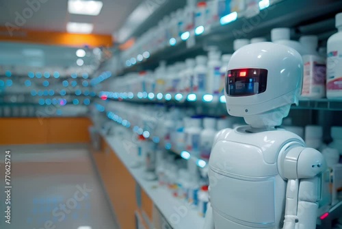 Pharmacy robot dispensing medication in a hospital setting, emphasizing the efficiency and accuracy of automated systems in medication management  photo