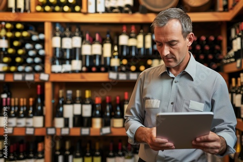 owner with digital tablet checking inventory, wines behind