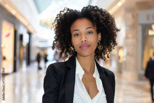 Portrait of young african american businesswoman using mobile phone in shopping mall 