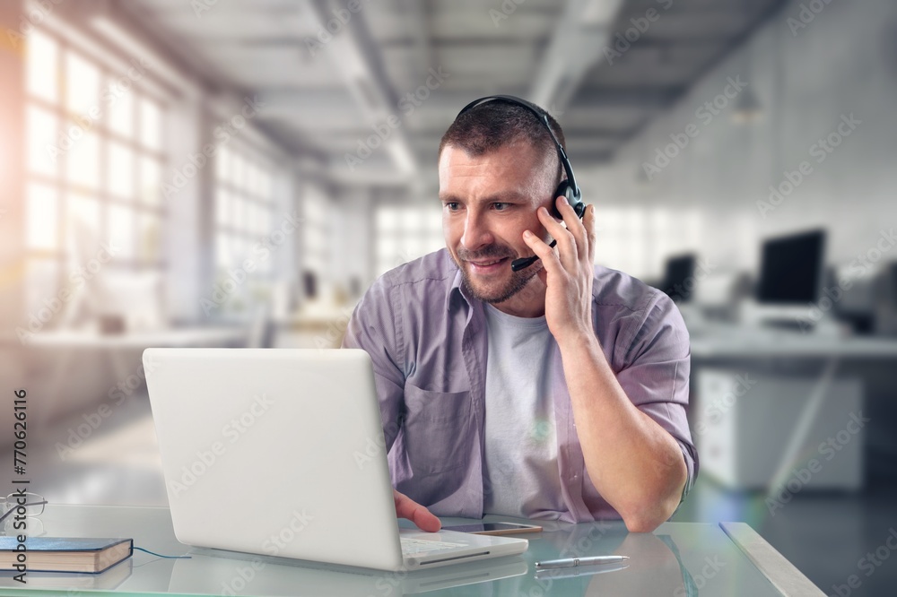 Business man work in call center support Business man work in call center support