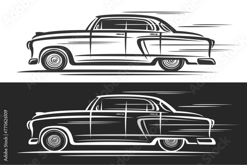 Vector logo for Vintage Car, horizontal decorative banners with simple contour illustration of elegant historic car in moving, art design monochrome exotic expensive car on black and white background
