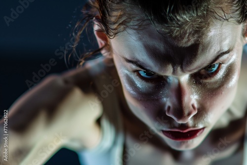 close focus on ballerinas face, intense concentration, midperformance photo