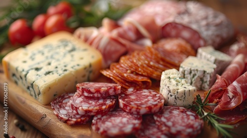 tasty cured meats and cheeses on a wooden chopping board