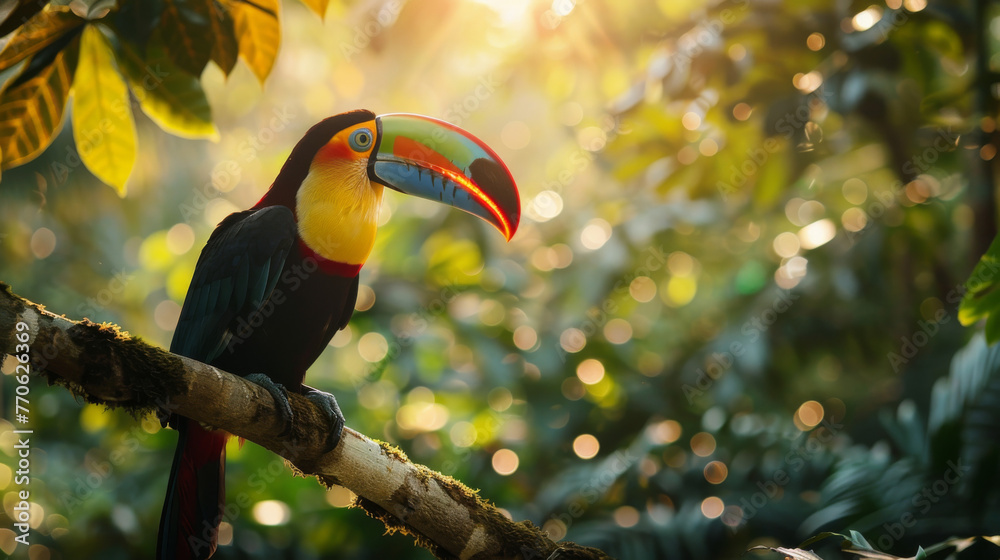 A hornbill sits on a branch in the background of a lush green forest, generative ai A hornbill sits on a branch in the background of a lush green forest, generative ai