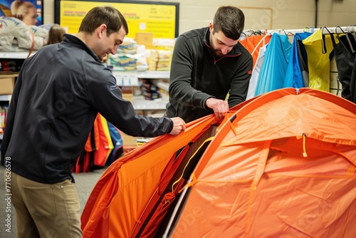 salesperson shows tent setup to a customer in store