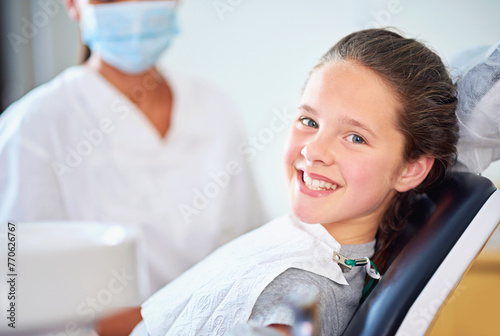 Dental, smile or portrait of girl with dentist in consultation room for mouth, gum or wellness. Cleaning, teeth whitening or kid consulting orthodontist for tooth, growth or braces and development photo
