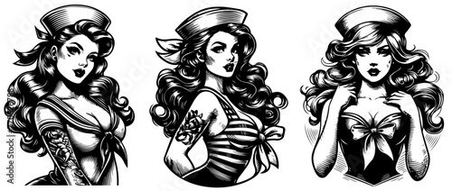 cartoon pin-up girl vector illustration silhouette laser cutting engraving black and white shape