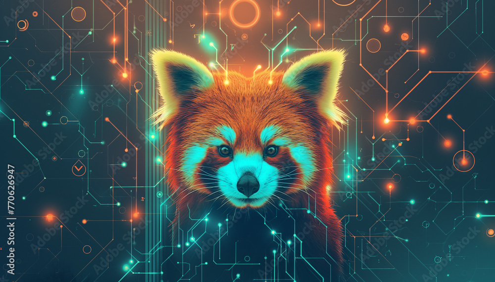 Vibrant Cyberpunk Red Panda in Neon Abstract World