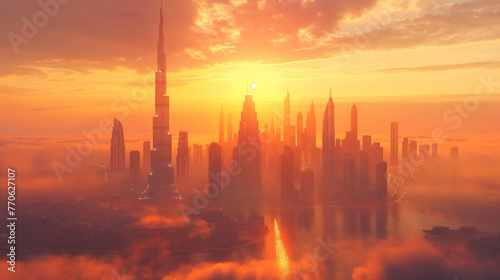 Dubai city 3d concept background. amazing city center skyline with luxury skyscrapers at sunrise  United Arab Emirates. 
