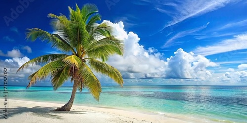 Beautiful palm tree on tropical island beach on background blue sky with white clouds and turquoise ocean on sunny day. Perfect natural landscape for summer vacation  ultra wide format.