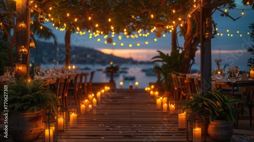 Wedding table setting. hall decoration with a lot of string lights and candles. festive table decor on the terrace
