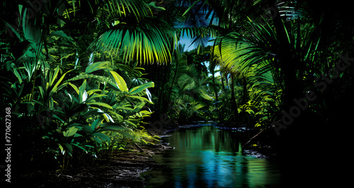 a stream in the middle of the jungle with tall plants
