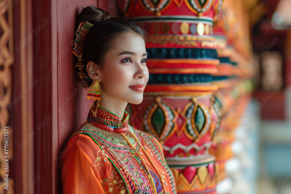 Beautiful Laotian girl posing in front of a temple