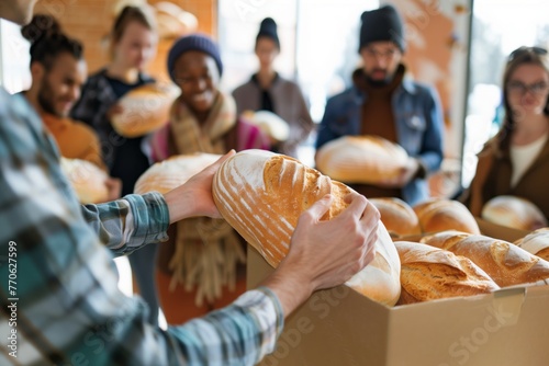 young adult passing bread loaves to a queue in a food drive